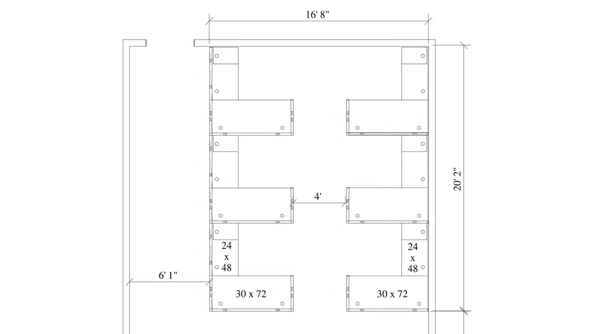2-D floor plan of an office cubicle layout drawn by OFW