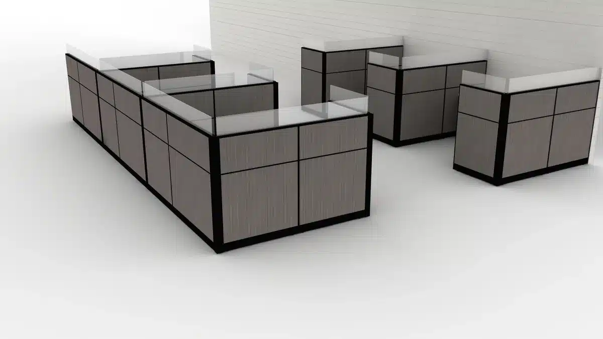 Colored 3-D rendering of grey panel workstations with glass shown to the customer before they order