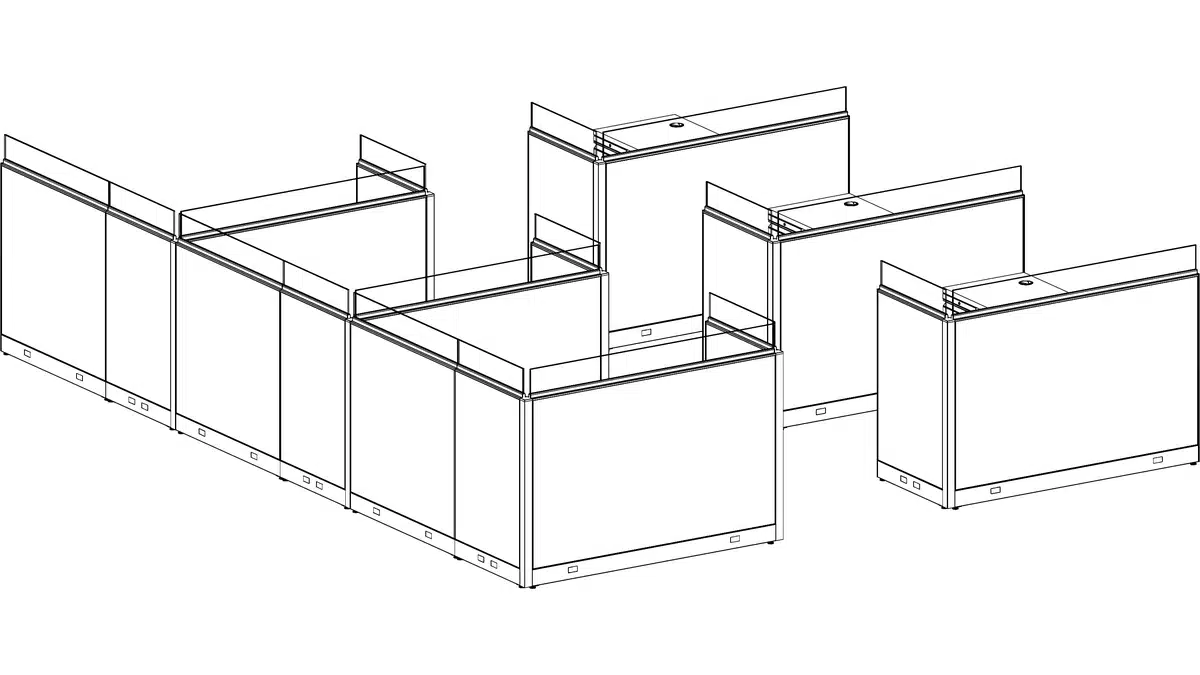 Black and white 3-D line drawing of the cubicle layout