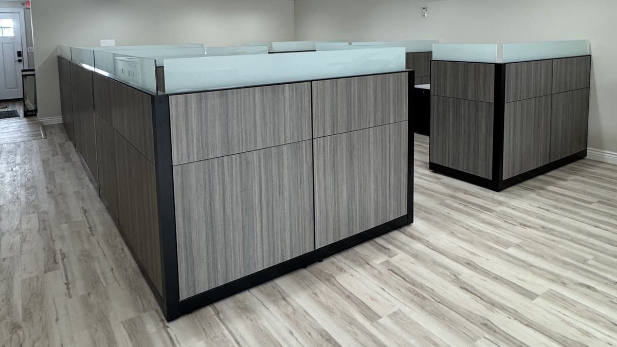 Actual image of the grey panel workstations installed by OFW's crew in the customer's office